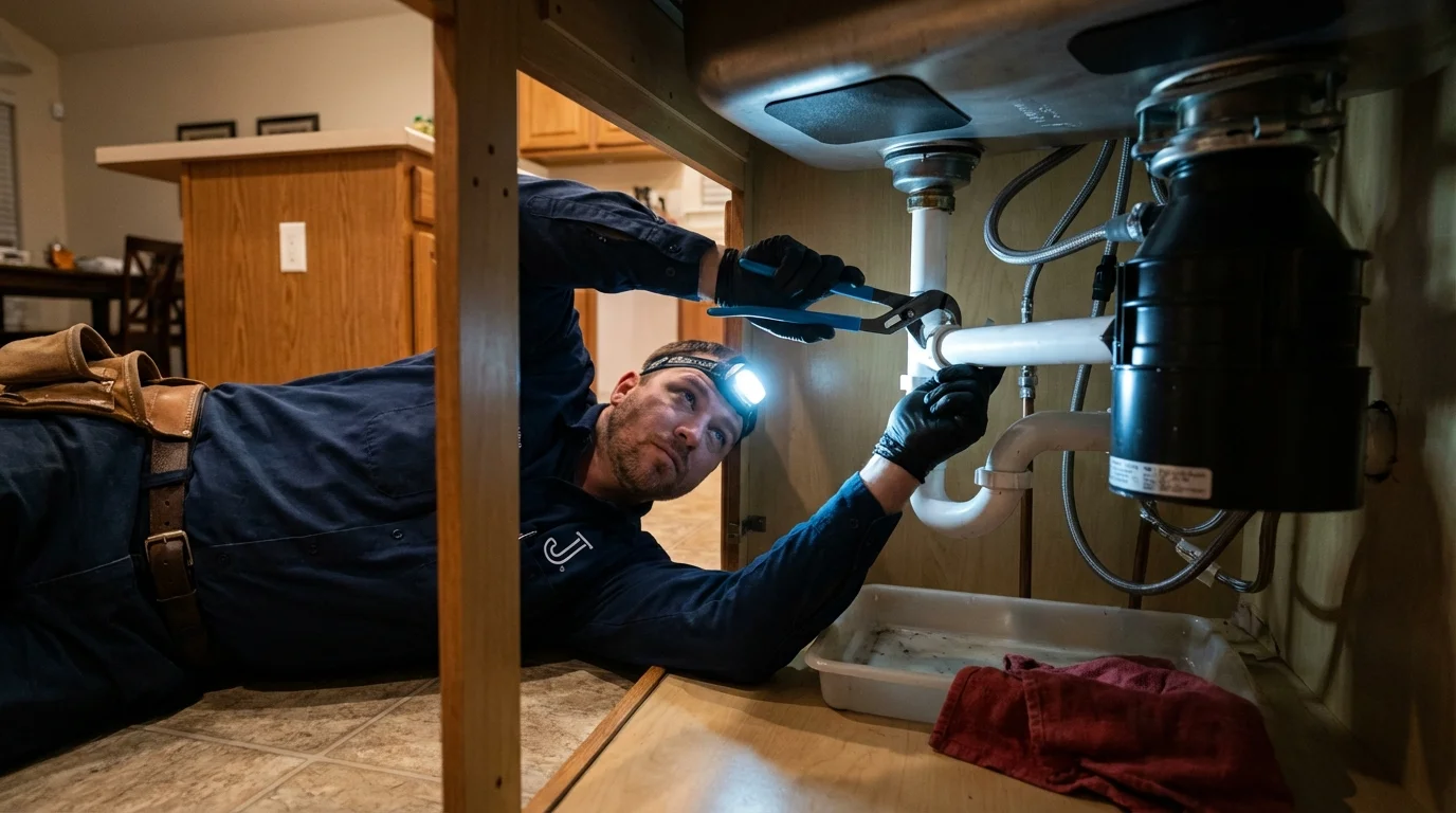 P-trap and supply line connections under a kitchen sink showing a common leak point in Pawnee, IL
